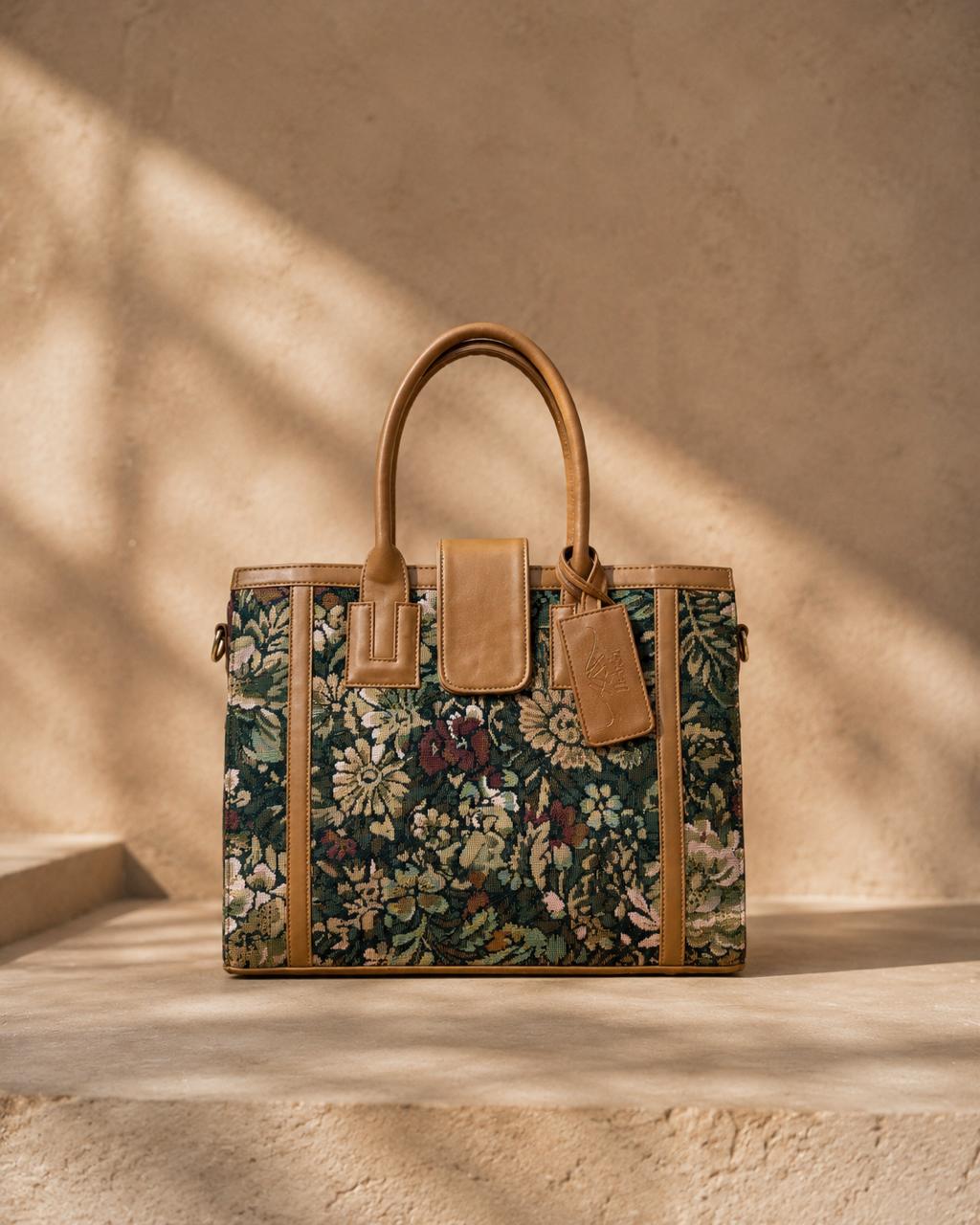The Flora Handbag | Vintage Botanical Tapestry Tote Bag